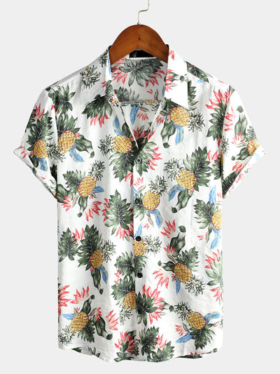 Herren Kurzärmliges Baumwollhemd mit Hawaii-Ananas-Print