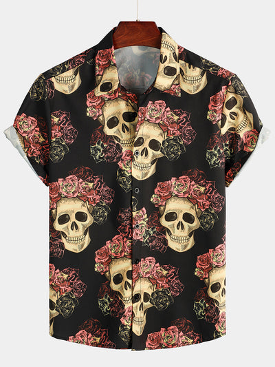 Lustiges Herren-Kurzarmshirt mit Totenkopf-Rosen-Print