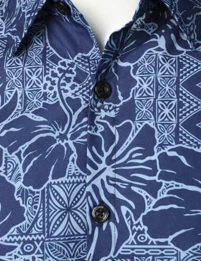 Herren Kurzärmliges Hawaiihemd mit Blumenmuster Navy blau